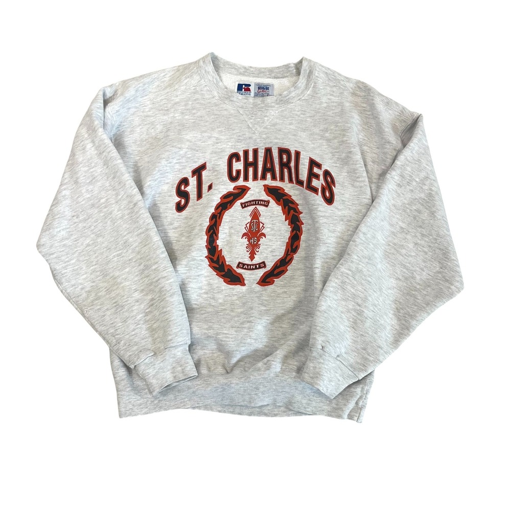 Vintage 90s Russell Athletic St Charles Fighting Saints Sweatshirt Gray LARGE